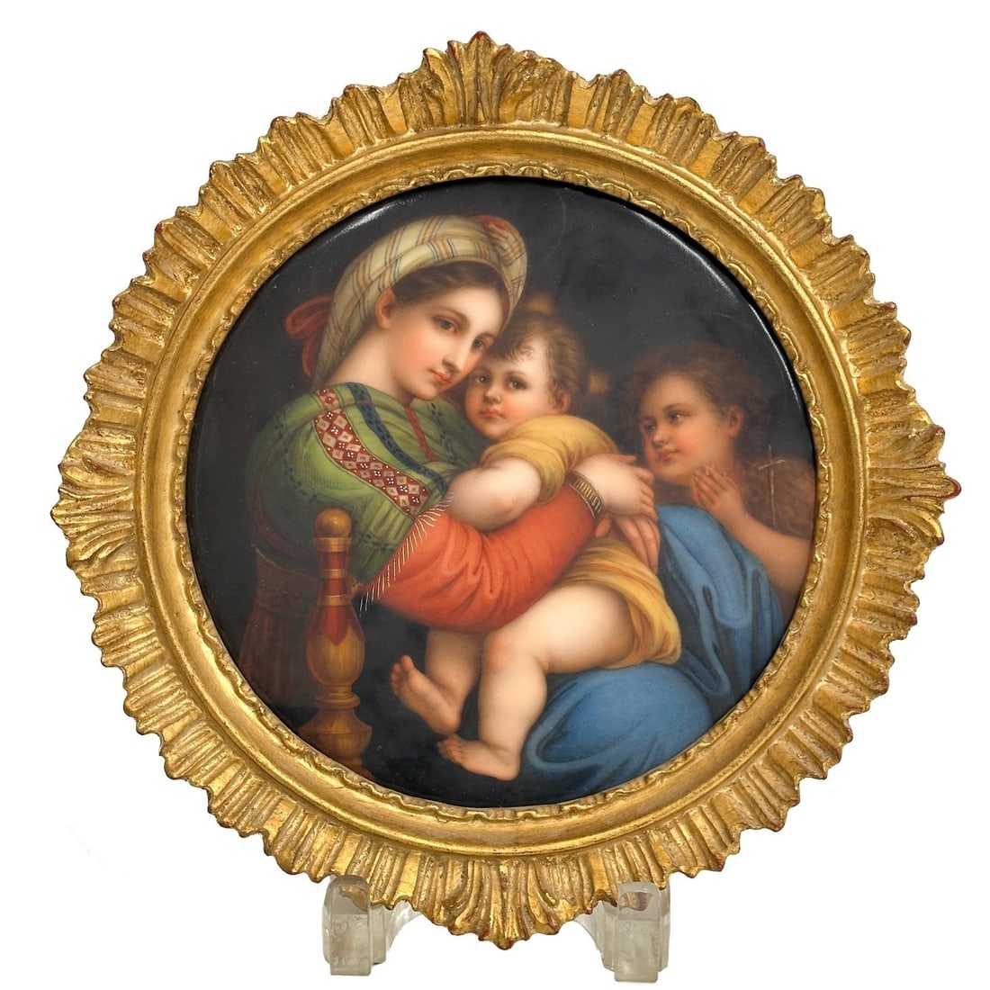 German Hand Painted Porcelain Round Plaque Madonna Framed Early 20th cen: German Hand Painted Porcelain Round Plaque, early 20th century. Madonna and child scene to center with three figures. Apparently unsigned. Mounted in a round gilt frame. Weight: Approx. 1 lb Measureme