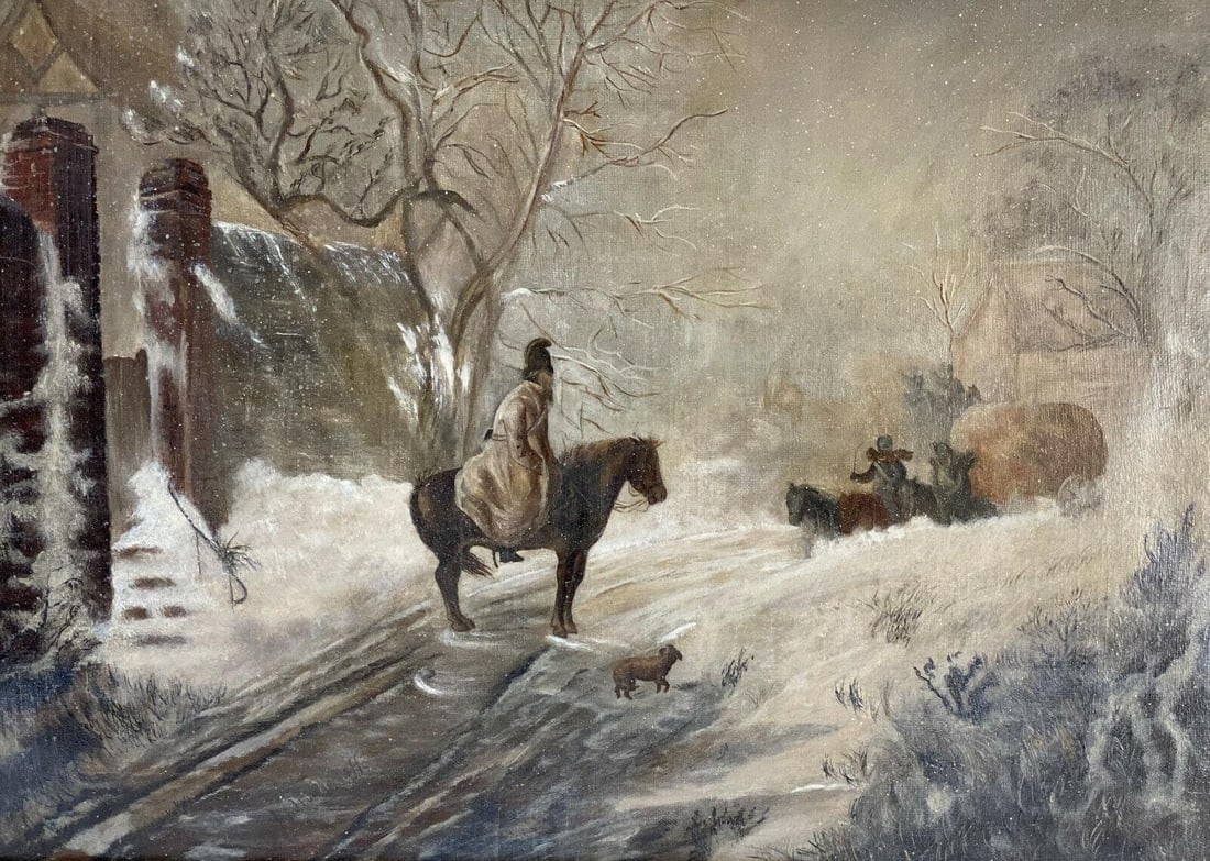 Continental Oil on Canvas Painting Snowing Equestrian Scene, 19th Century Signed: Continental Oil on canvas painting, 19th Century. The painting depicts an equestrian awaiting the arrival of a chariot against a wintery snow landscape. Artist signed to the lower edge- possibly Wykof