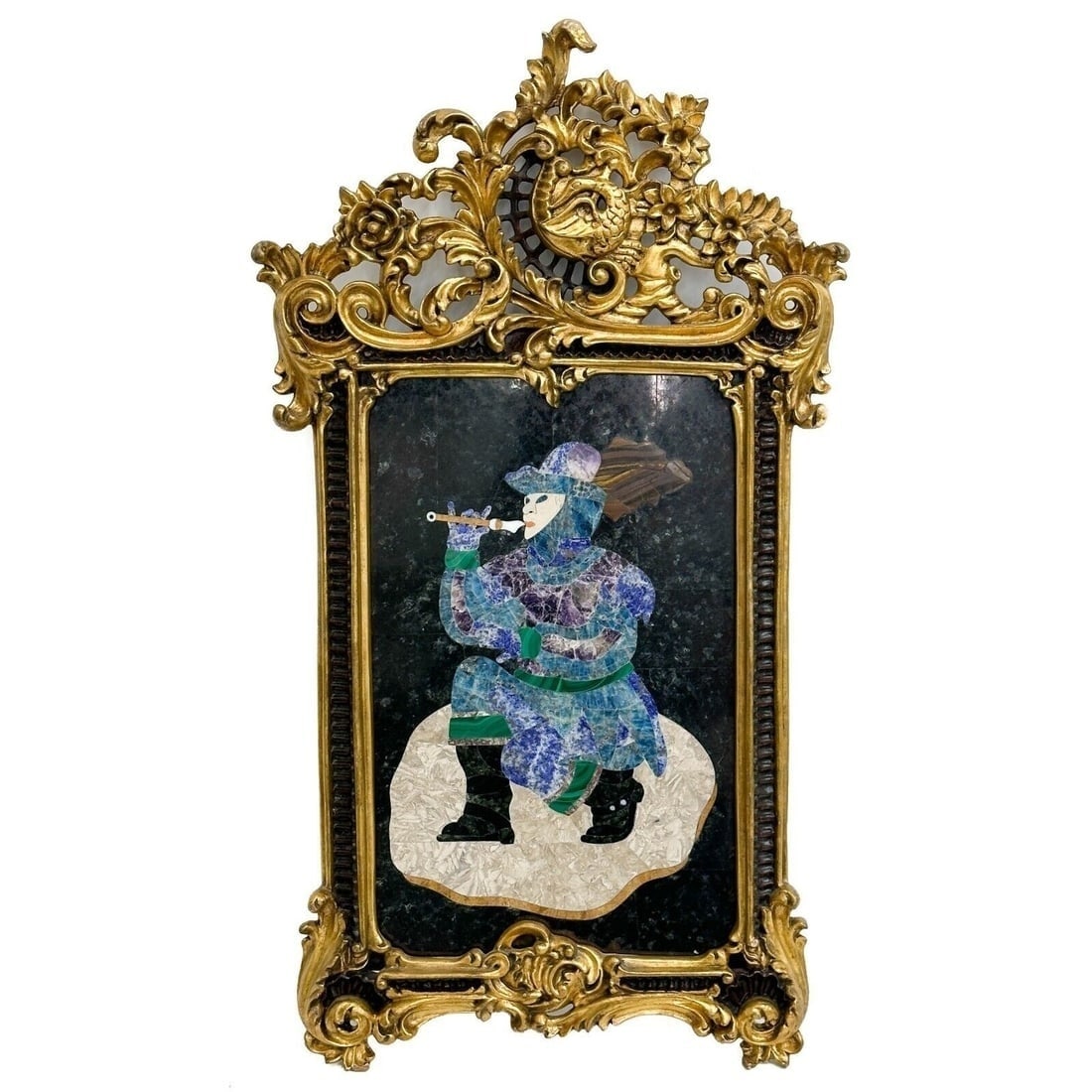 Italian Pietra Dura Plaque Musician Framed Luedtke 3rd quarter 20th century: Italian Pietra Dura Plaque, probably 3rd quarter 20th century. Depicts a musician, mounted in an ornate gilt wood frame. Back with label "N. Luedtke Commesso in Pietre Dure" Weight: Approx. 3 lbs Meas