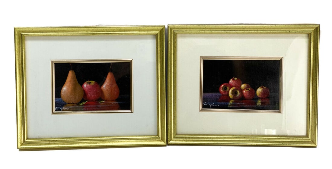 Val McGann (Irish US 1928-2016) Oil Painting on Paper - Pears & Apples: Val McGann (Irish American 1928-2016) oil on paper paintings still life of and apples pears. Artist signed to the lower corner. Dated 1997. Matted and Framed in a gilt wooden frames. Van McGann, a nat