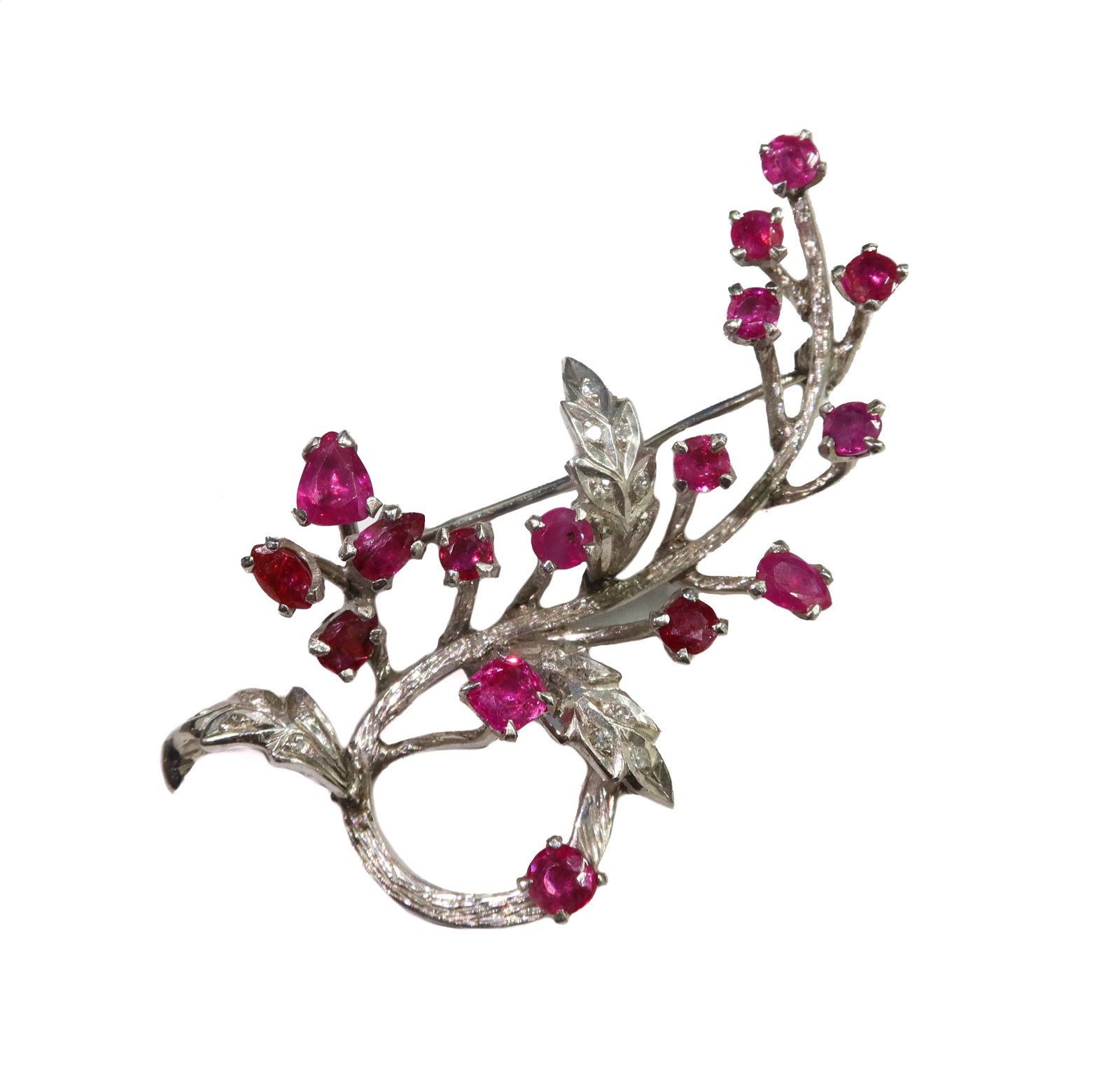 Platinum Ruby and Diamond Floral Spray Pin Brooch (1 of 7)