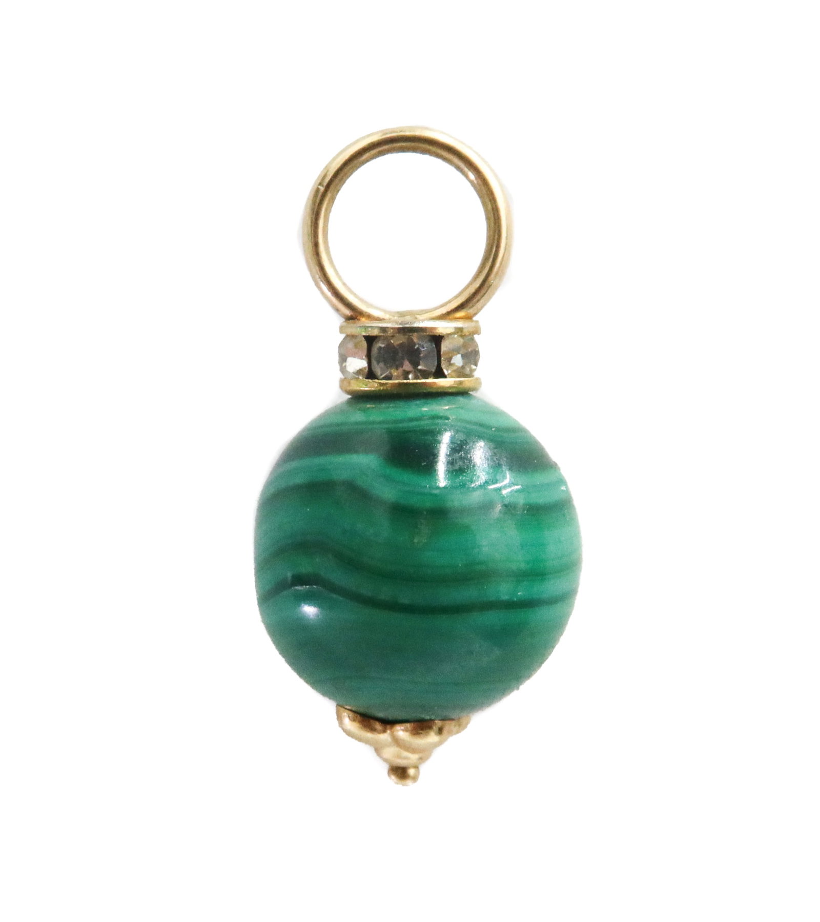 14k Yellow Gold Malachite and Glass Pendant Charm: 14k Yellow Gold Malachite and Glass Pendant or Charm. Malachite bead measuring approximateluy 11.93mm. The neck with round cut glass jewels.. Gold hook testing for 14k gold. Weight Approx., 3.78 grams