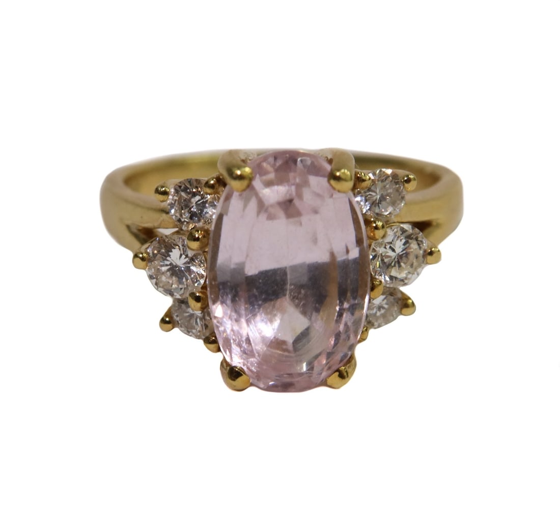 18k Yellow Gold Pink Tourmaline and Diamond Ring Size 8.5: 18k Yellow Gold Pink Tourmaline and Diamond Ring Size 8.5. Oval cut pink tourmaline measuring 12.10mm x 7.86mm x 6.26mm and weighing around 3.74 carats. 6 round cut diamonds to frame weighing approxim