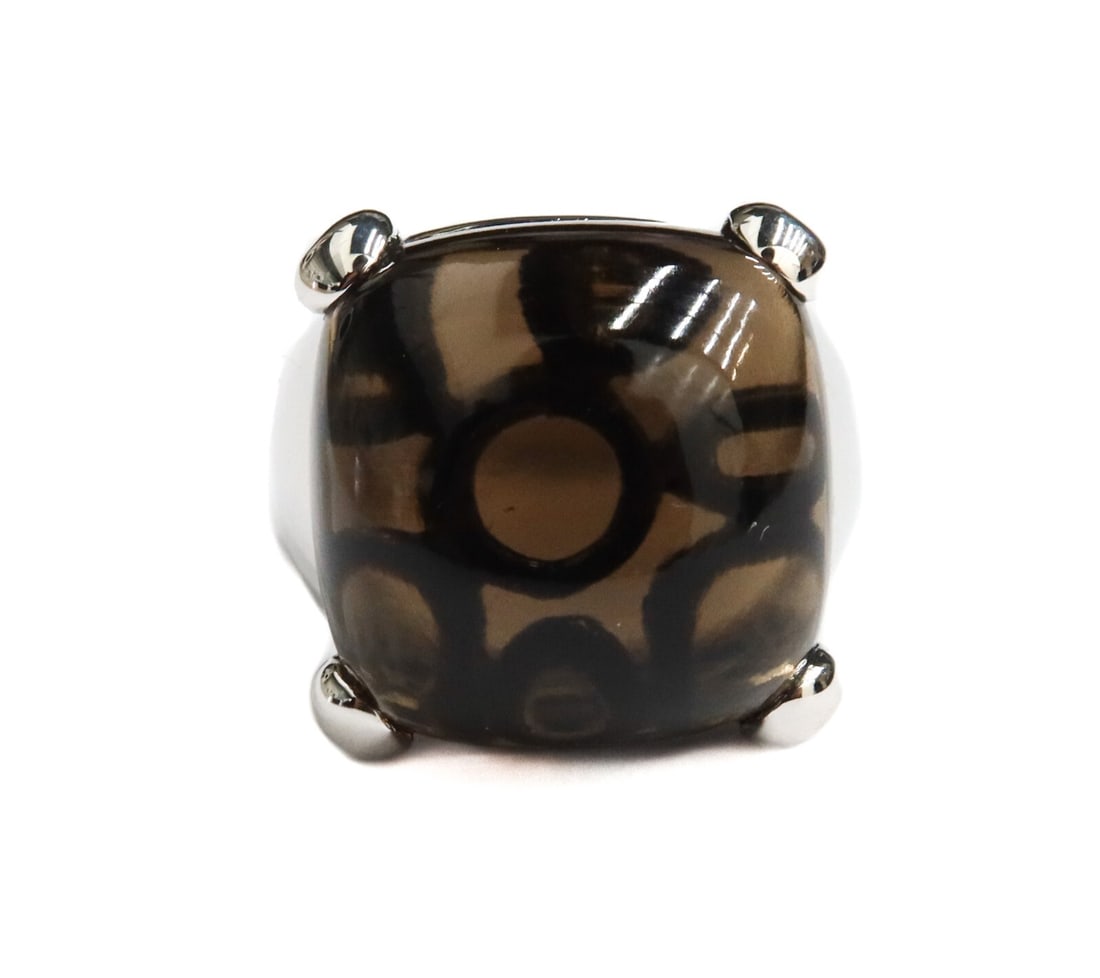 Gump's 925 Sterling Silver Cabochon Smokey Quartz Ring Size 8: Gump's 925 sterling silver cabochon smokey quartz ring. Large square cut cabochon smokey quartz measuring approximately 18mm x 18mm x 9.7mm. Marked Gumps 925 Thailand. Weight: Approx. 15.22 grams Meas