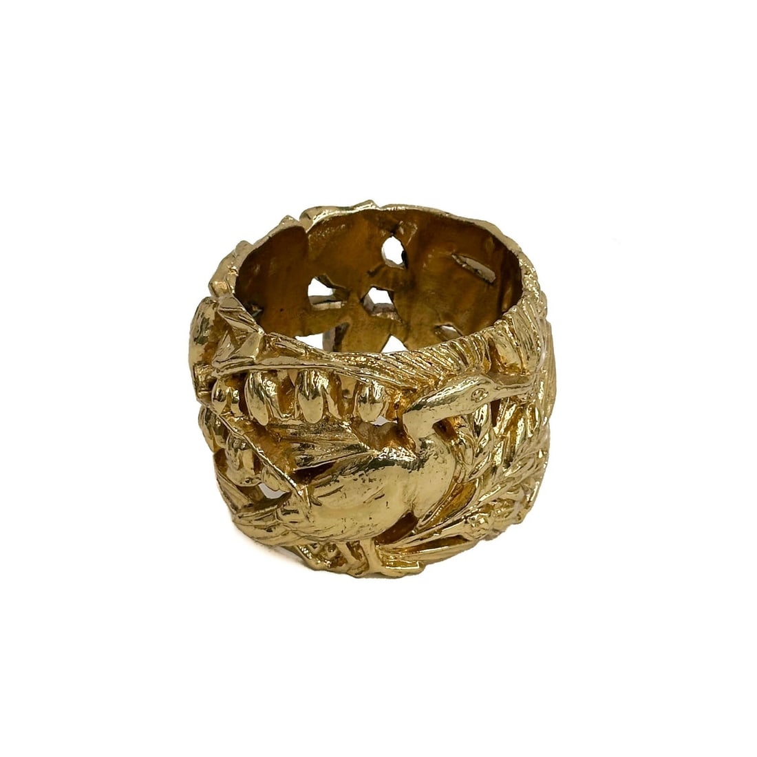 14k Gold Foil Plating on Carved Wood Bird Bracelet: 14k Gold Foil Plating on Carved Wood Bird Bracelet. Depicts various birds among flowers. Apparently unmarked. Weight: Approx. 98g Measurements: Approx. 3.5 inches diameter exterior / 2.75 inches diame