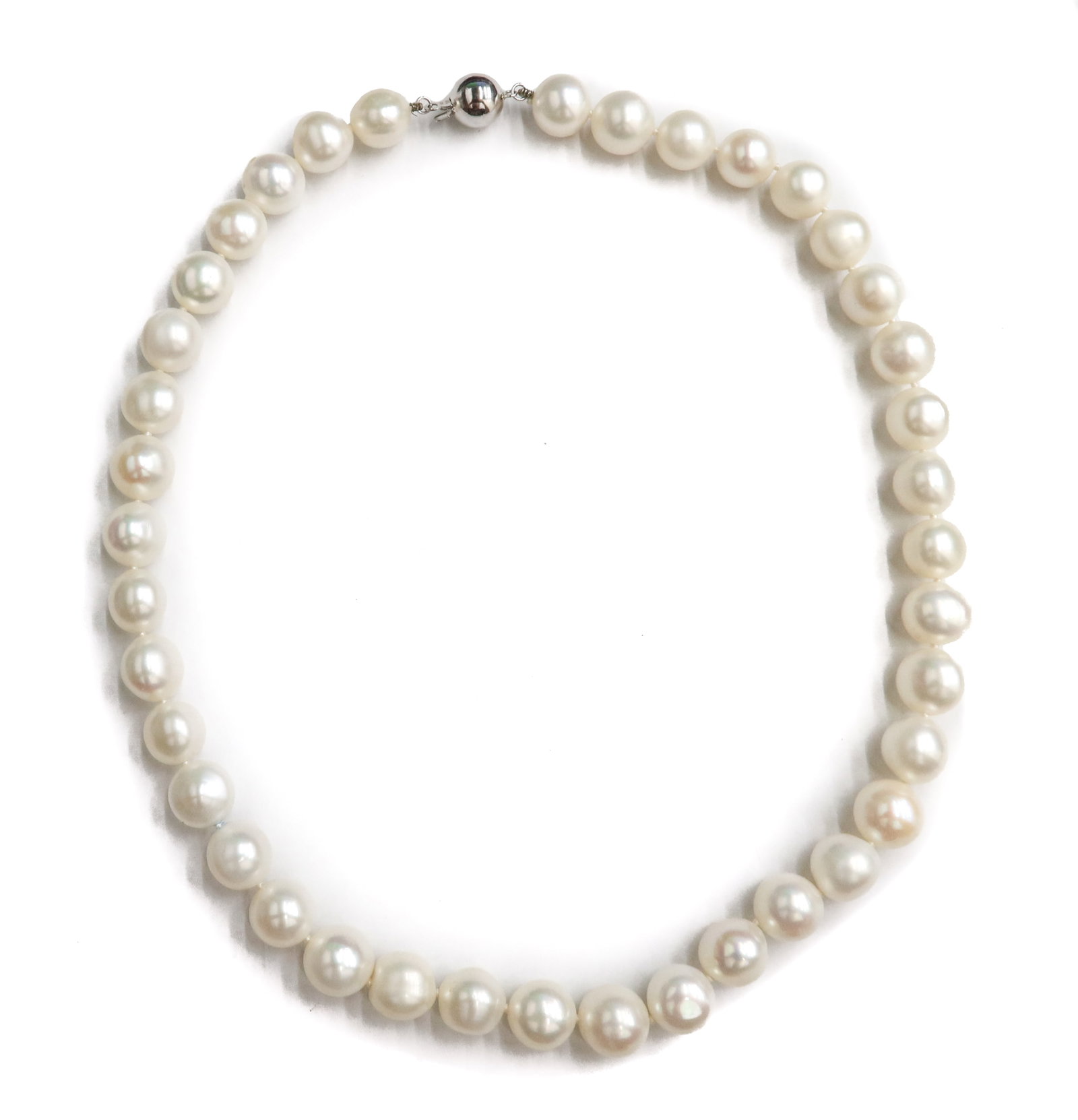 14k White Gold and Cultured Pearl Single Strand Beaded Necklace: 14k White Gold and Cultured Pearl Single Strand Beaded Necklace. 39 irregular round pearl beads measuring approximately 10.6mm x 9.6mm. Marked 14k 585 to clasp. Weight Approx., 57.76 grams