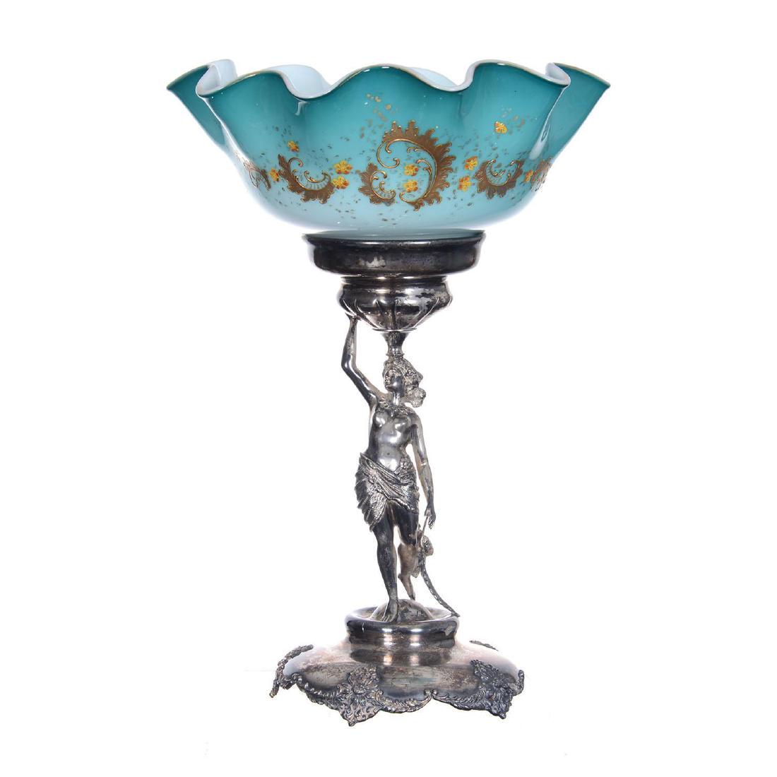 14.5" X 10" Brides Basket: 14.5" X 10" Brides Basket Blue And White Cased Art Glass Ruffled Bowl With Enamel Blossom And Scroll Highlights - Set On #5 (Unknown Maker) Silverplate Stand Featuring Full Figure Half-Nude