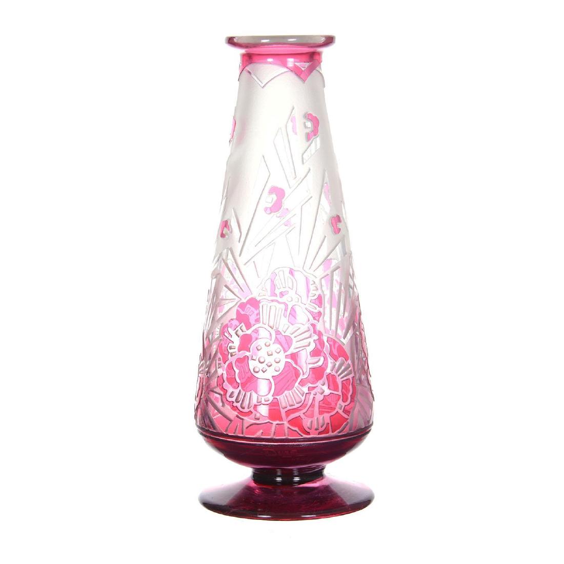 12" Signed Delatte Nancy French Cameo Art Glass Vase: 12" Signed Delatte Nancy French Cameo Art Glass Vase Cranberry Acid Cut To Clear Floral & Geometric Design