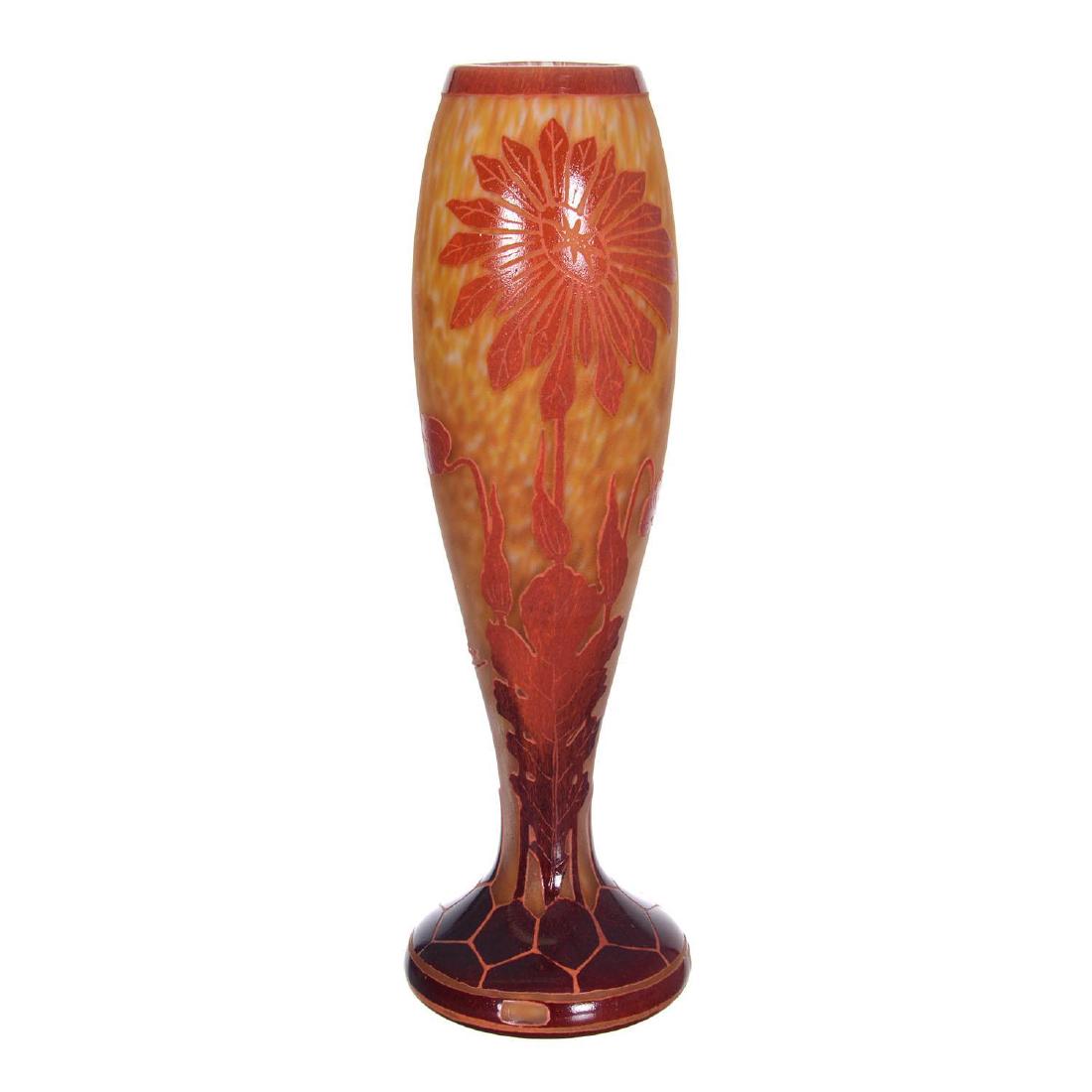 12" Signed Le Verre Francais French Cameo Art Glass Vas: 12" Signed Le Verre Francais French Cameo Art Glass Vas Yellow And White Mottled Background With Cameo Carved Orange Overlay Of Floral Blossom - Also Marked "Charder"