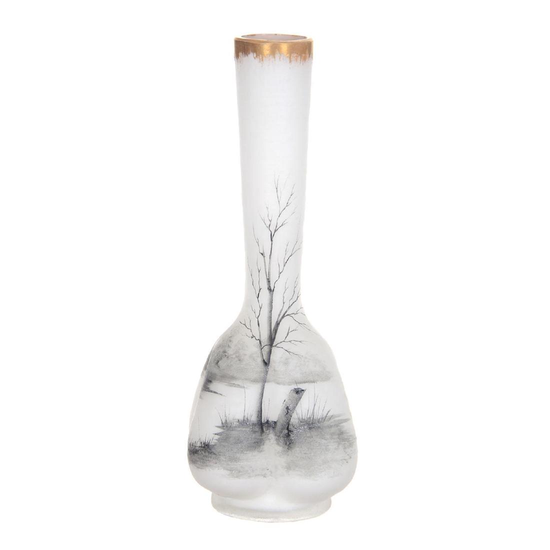 6" Signed Daum Nancy French Art Glass Vase: 6" Signed Daum Nancy French Art Glass Vase White Background W/ Black Enameled Tree & Lake Scenic Decor