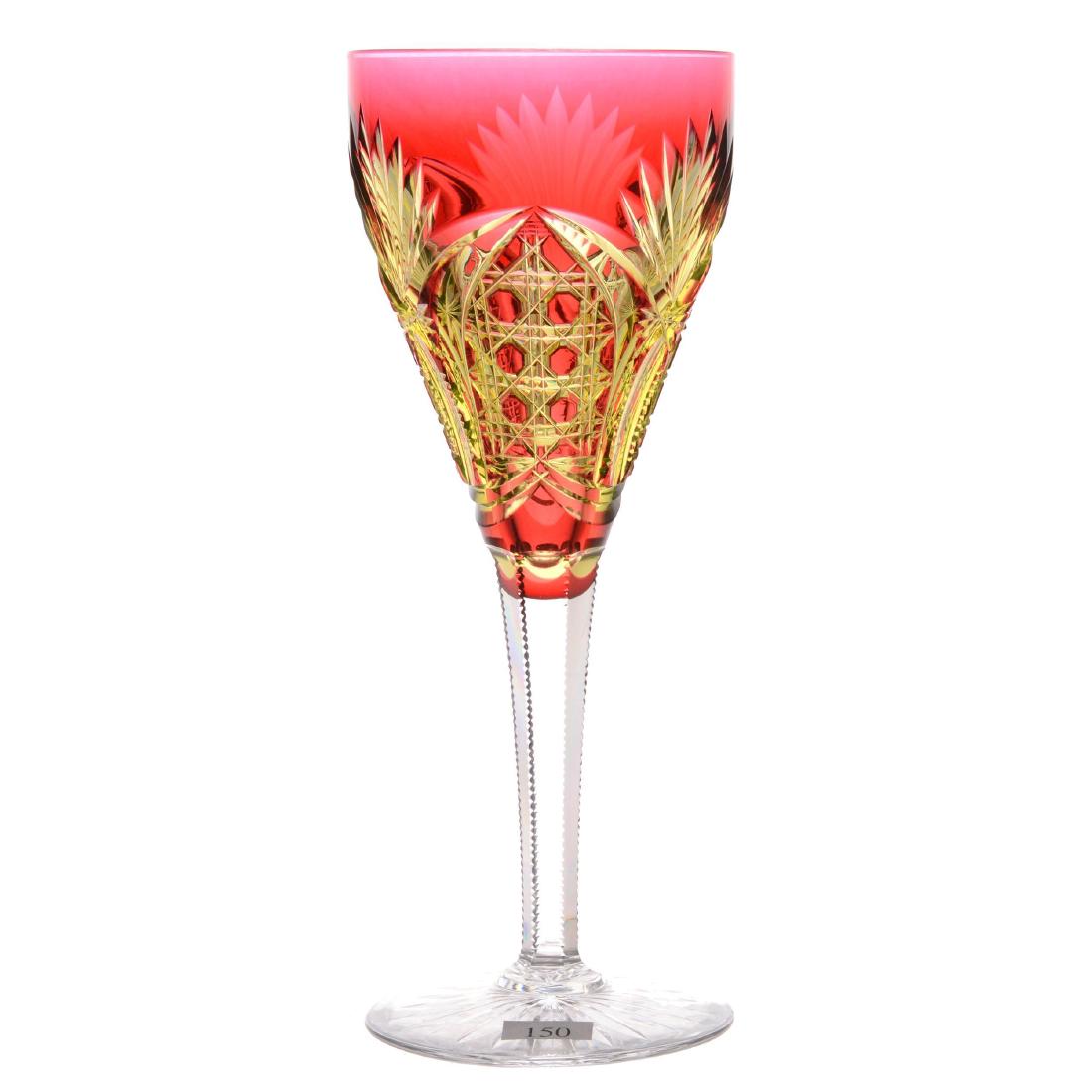 Chalice - 11": Chalice - 11" Cranberry Cut to Vaseline - Cane, Arch and Fan Motif - Clear Stem and Base - Attributed to Val St. Lambert