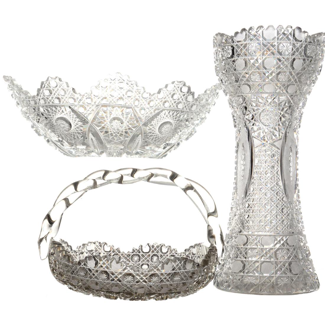 (3) Propeller Pattern Items by Marshall Field: (3) Propeller Pattern Items by Marshall Field (1) 11.75" Corset Vase - (1) 11.5" Banana Bowl - (1) 5.5" X 8" Low Bowl/Basket