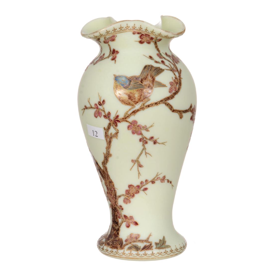 10" Opaque Pale Yellow Art Glass Vase: 10" Opaque Pale Yellow Art Glass Vase Quality Enamel Bird, Branch and Blossom Decoration - Harrach/Webb Quality
