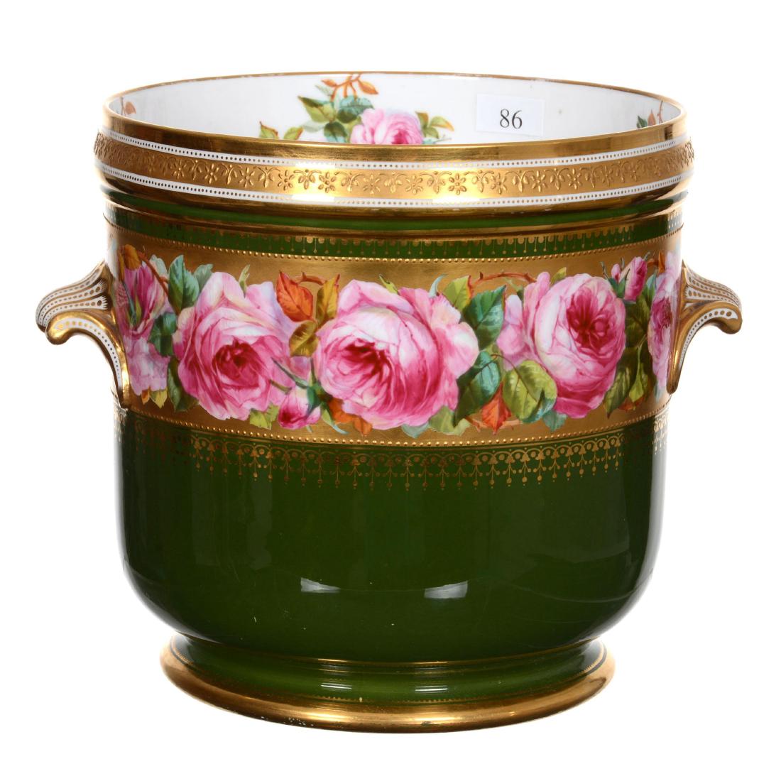 7.5" X 7.5" Hand Painted Jardiniere: 7.5" X 7.5" Hand Painted Jardiniere Unmarked Minton - Green Background with Wonderful Pink Rose Decor and Extensive Gold Trim Highlights - Interior Painted Decoration - Marked "Davis Collamore And Com