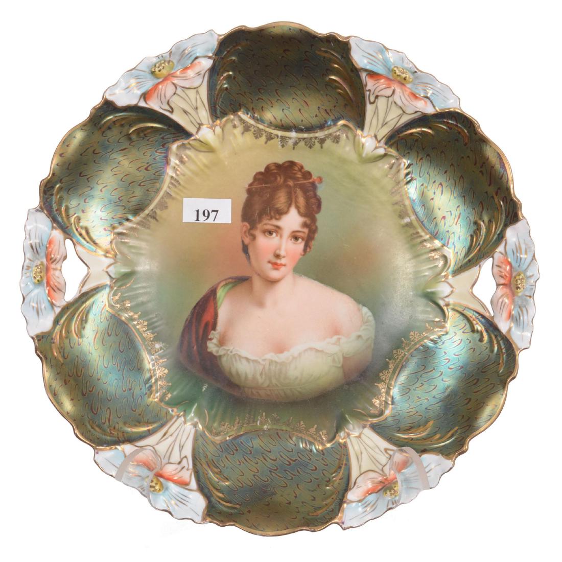 10.5" Unmarked R.S. Prussia Lily Mold Two-Handle Cake P: 10.5" Unmarked R.S. Prussia Lily Mold Two-Handle Cake P Green Background with Racamier Portrait - Iridescent Peacock Tiffany Finish Border