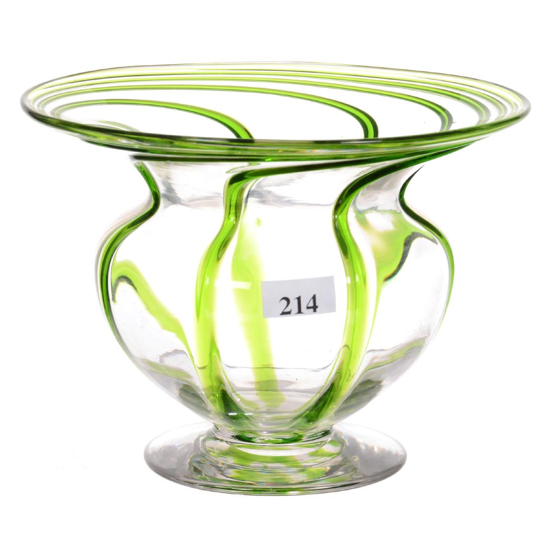 5.25" X 7" Fibrillose Art Glass Vase: 5.25" X 7" Fibrillose Art Glass Vase Clear Body with Applied Green Ribbed Swirls - Attributed to Stevens And Williams