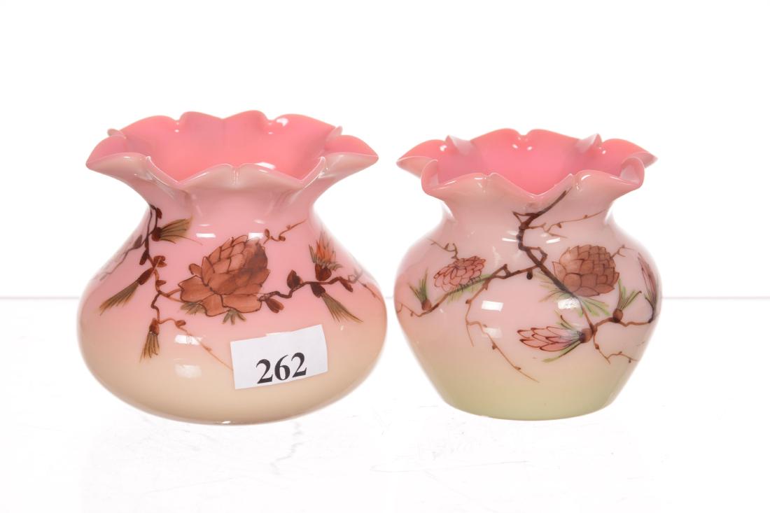 (2) Glossy Signed "Queens Burmese? Art Glass Vases (1 of 2)