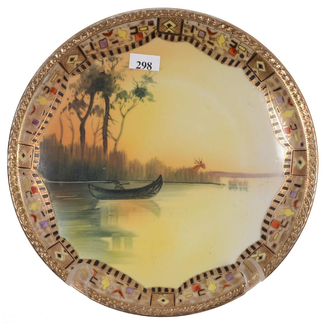 10" Nippon (Blue Lotus Blossom Mark) Plate: 10" Nippon (Blue Lotus Blossom Mark) Plate Indian In Canoe Shooting Deer - Colorful Border Highlights