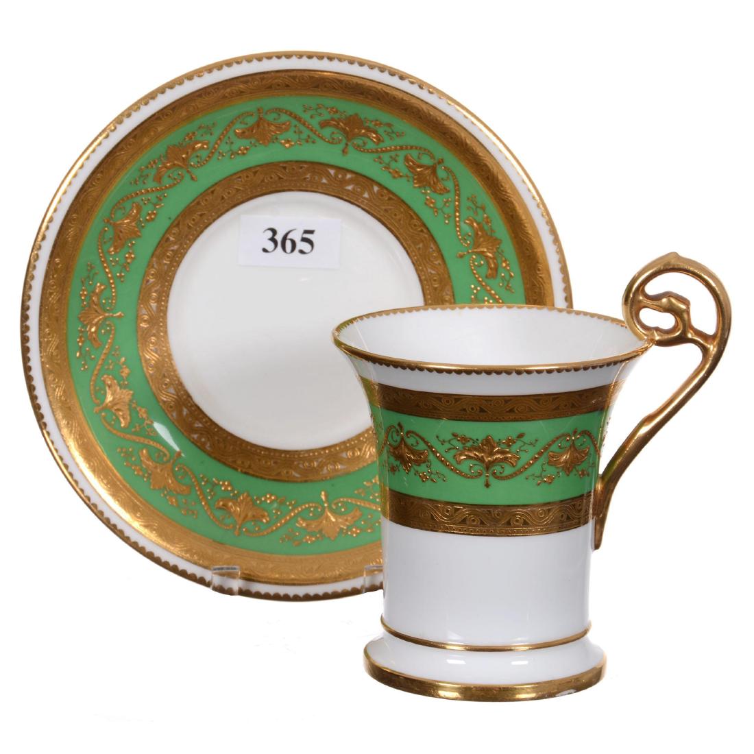 (12) Marked Minton 4.5" Cups And (12) Matching Saucers: (12) Marked Minton 4.5" Cups And (12) Matching Saucers White with Green Border - Heavy Gold Trim Highlights - Very Nice Quality