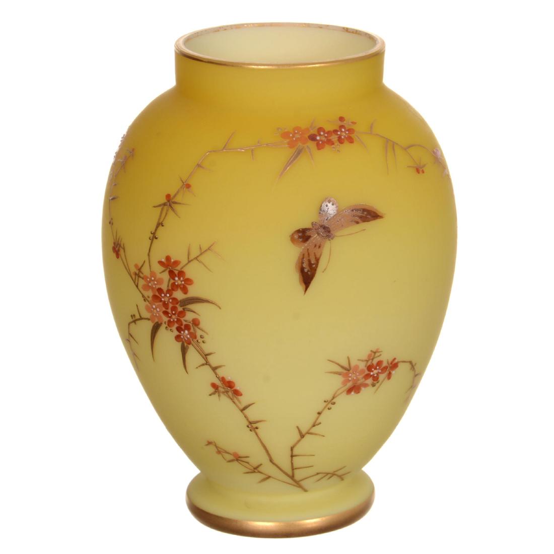 5.75" Unmarked Webb Yellow Satin Art Glass Vase: 5.75" Unmarked Webb Yellow Satin Art Glass Vase Enamel Butterfly and Blossom Decor