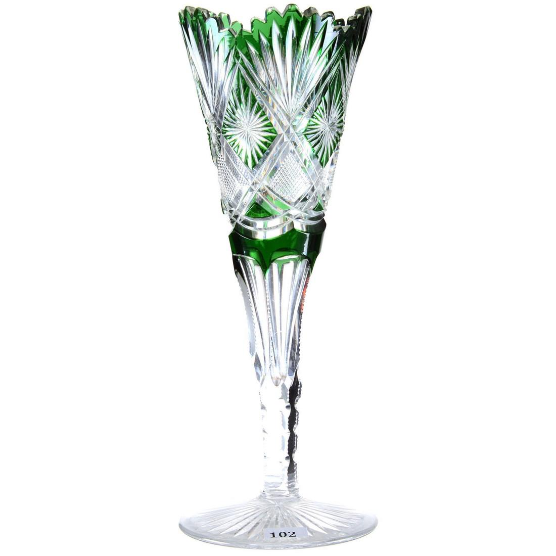 Trumpet Vase - 12"Green Cut to Clear - Strawberry: Trumpet Vase - 12" Green Cut to Clear - Strawberry Diamond, Star and Fan Motif - Attributed to Val St. Lambert - One Tooth Is Chipped