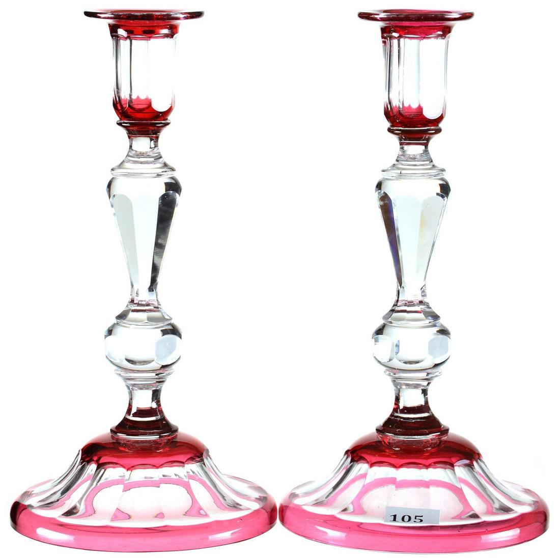 Pair Candlesticks - 9.75"Cranberry Cut to Clear - Solid (1 of 2)