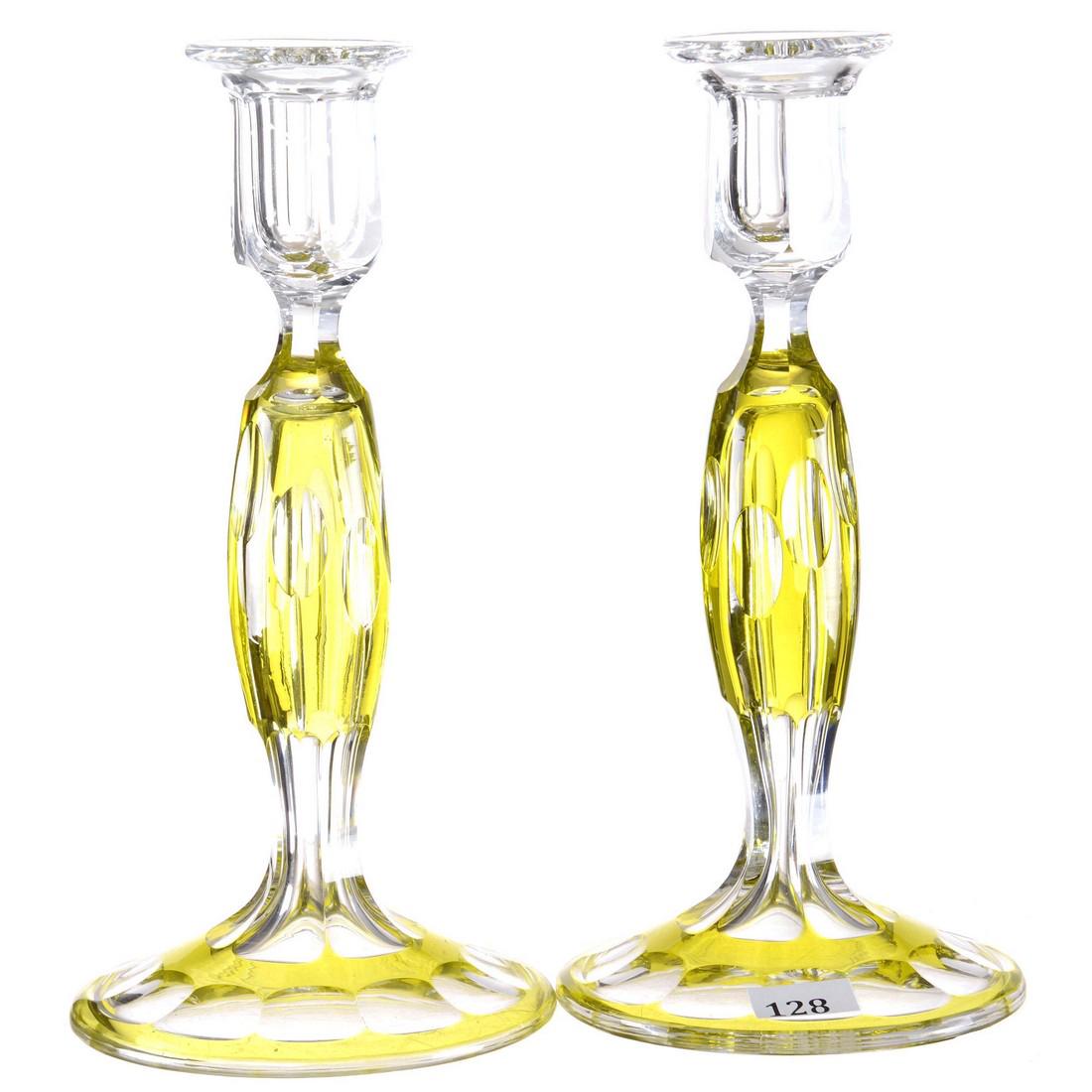 Pair Candlesticks - 9.5"Yellow Cut to Clear - Punte (1 of 2)