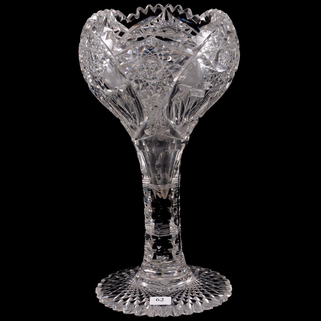ABCG Chalice Vase: Chalice Vase - 12" - ABCG - Hobstar, Vesica, Strawberry Diamond, Cane, Nailhead Diamond and Fan Motif - Scalloped Hobstar Foot - Tooth Chip on Rim