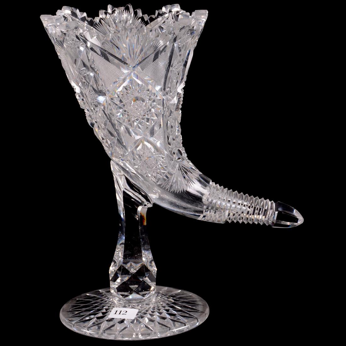 ABCG Cornucopia Vase: Cornucopia Vase - 10" X 8" - ABCG - Hobstar, Strawberry Diamond and Fan Motif - Hobstar Foot - Rare Shape - Does Have (3) Teeth That Are Chipped