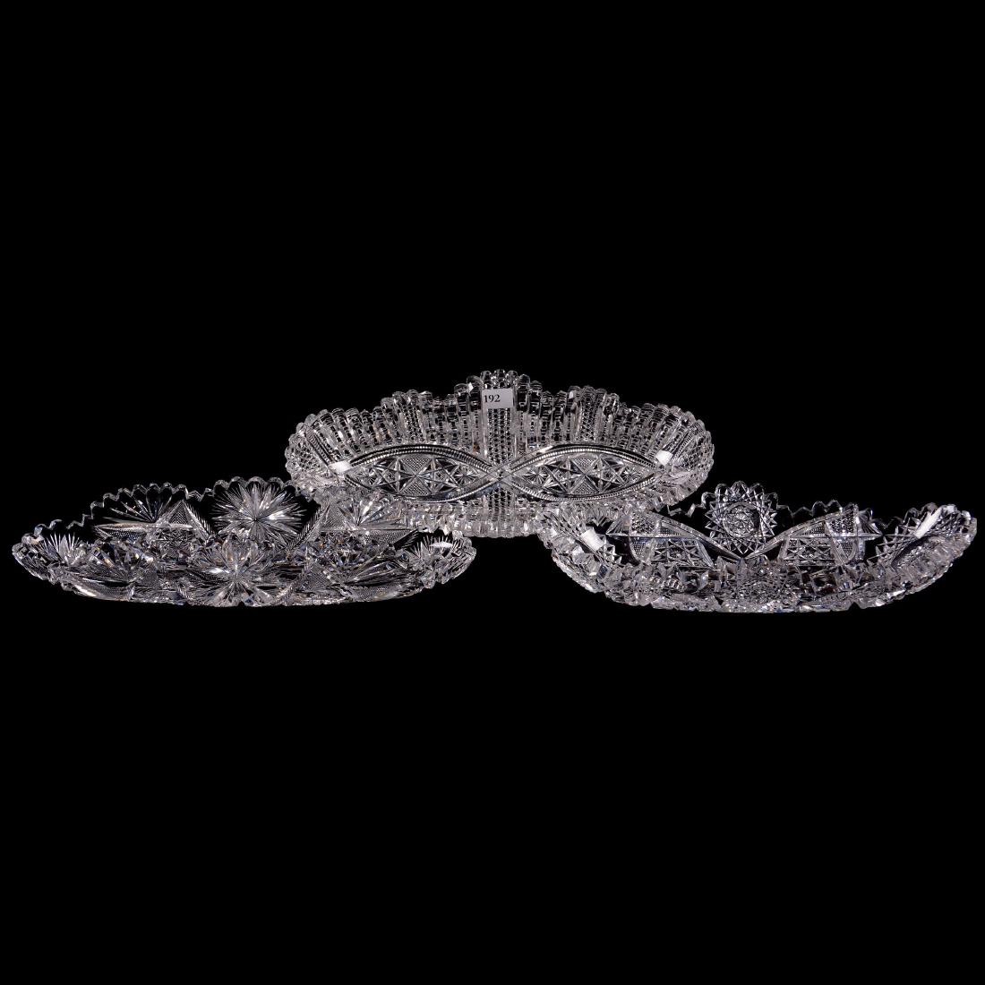 Three ABCG Celery Trays: (3) Celery Trays - ABCG - (1) 12" With Vesica, Prism, Nailhead Diamond, Zipper and Star Motif - (1) 11", Hobstar, Nailhead Diamond and Strawberry Diamond Motif - (1) 12" Palm Pattern by Taylor Brother