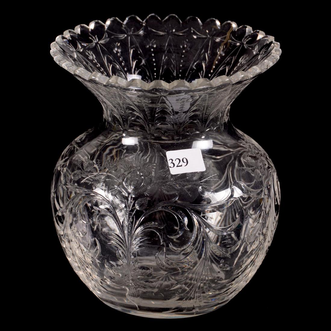 ABCG Vase - Signed Hawkes: Vase - 6.5" X 5.5" - ABCG - Signed Hawkes - Finely Engraved Floral and Rococo Design - "Spittoon" Shape