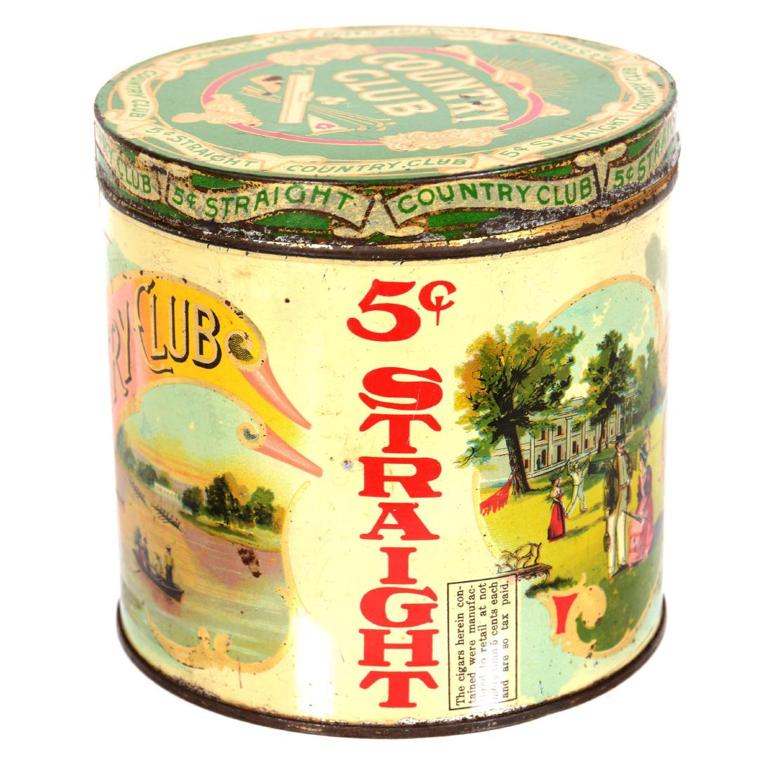 5.5" X 5.5" Original Tobacco Advertising Tin: "Country Club 5c Straight" - Portion of Original Paper Label - Very Good Condition - Some Edge Wear
