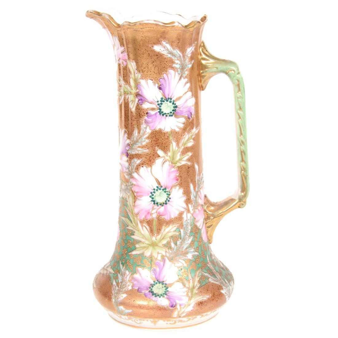 13.75" Unmarked Nippon Tankard: Green and Gold Background with Large Poppy Dï¿½cor