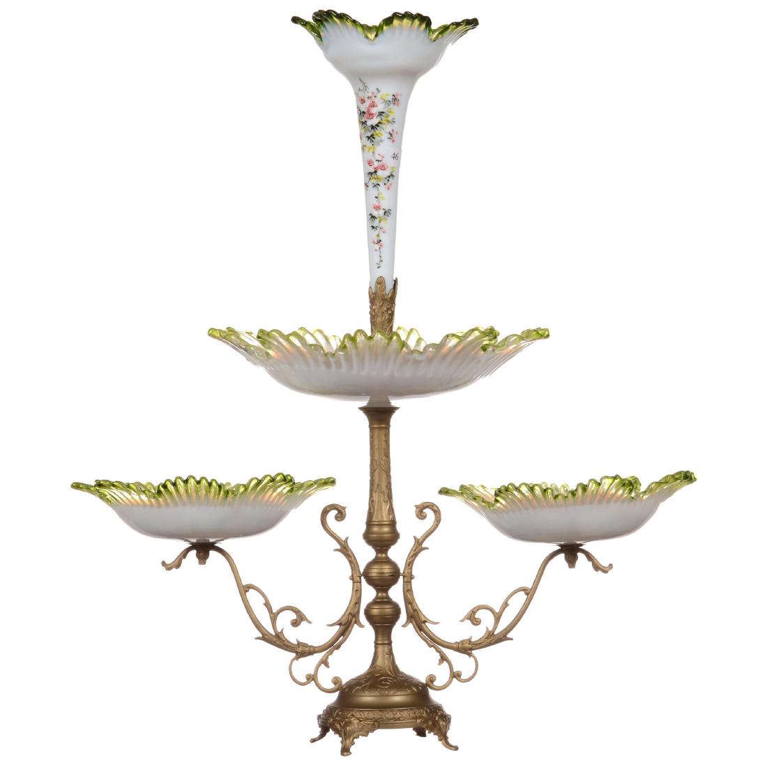 24.5" X 21" Art Glass Centerpiece Epergne: Features Three White Opalescent Ruffled Bowls with Green Trim and Matching Lily - All Decorated with Enamel Floral Dï¿½cor - Mounted on Gilt Metal Stand