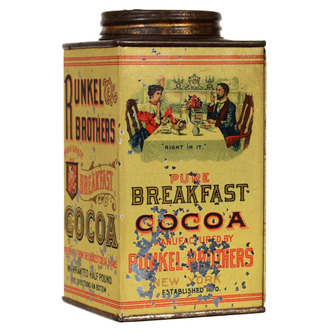 5" X 2.5" Original Advertising Tin: "Runkel Brothers Breakfast Cocoa" Half Pound Tin - Cream Background - Original Directions on Base - Paint Flakes on All Four Sides - Original Embossed Lid