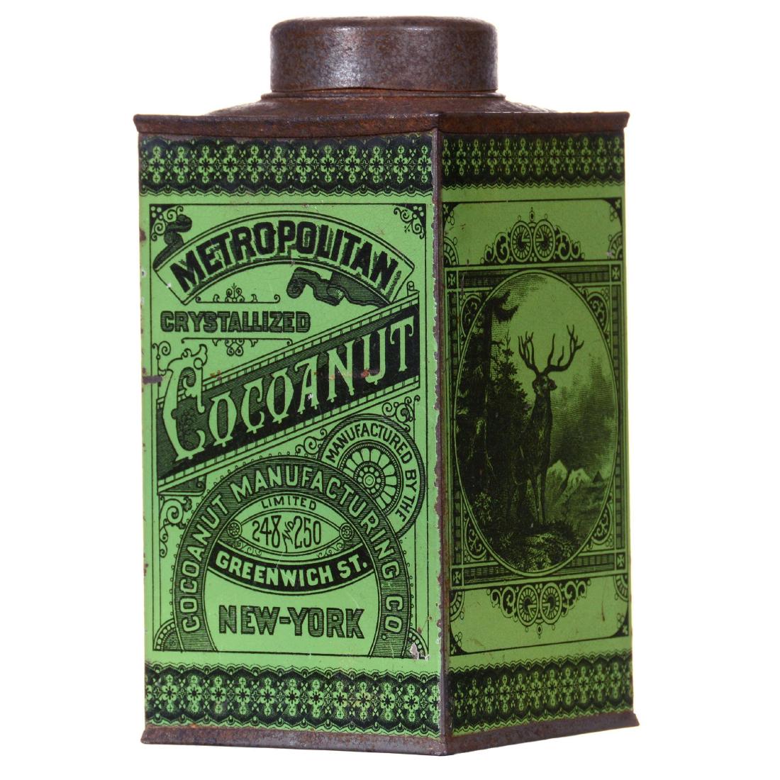 5" X 2.5" Original Advertising Tin: "Metropolitan Crystalized Cocoanut" - Strong Green Background Featuring Stag - Recipes and More Design - Very Little Wear - Circa Late 1800's