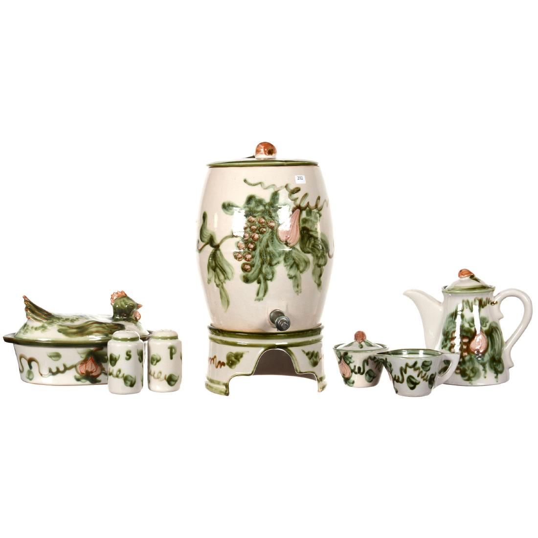 Matching Eight Piece Set of Dishes and More: "John B. Taylor Ceramics" - Harvest Pattern - Features 18" Beverage Dispenser with Spigot & Raised Base (Base Has a Hairline), 8.5" Coffee Pot, Creamer and Sugar, 4.75" Salt and Pepper Set, 6.5" X