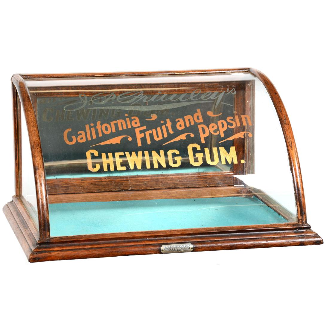 9.5" X 18.5" X 12.5" Oak Curved Glass Countertop Displa: "J.P. Priwley's California Fruit and Pepsin Chewing Gum" - Original Glass with Original Lettering - "J.P. Priwley's" Lettering Is Lighter Than That on Lot #234 - Mirror Back - Cabinet Made by J.R. Ris