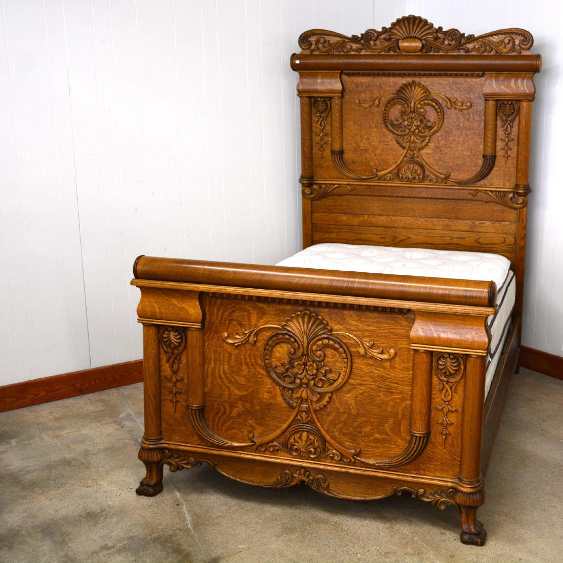 Carved Oak Full Size High Back Bed (1 of 5)