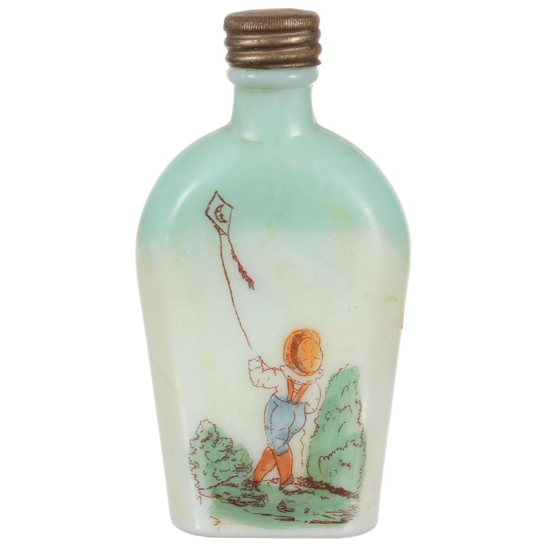 Unmarked Wave Crest Style Pocket Whiskey Flask: 6" Unmarked Wave Crest Style Pocket Whiskey Flask - Green and White with Scene of Child Flying Kite and Floral Dï¿½cor
