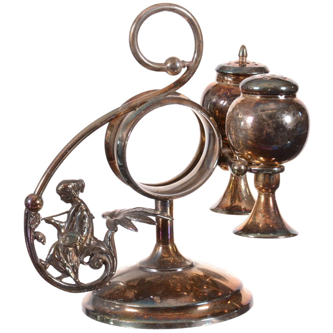 Silverplate Pedestal Napkin Ring: 5.25" X 5" Silverplate Pedestal Napkin Ring - With Salt & Pepper Shakers & Handle - Made by Aurora Silverplate #351 - Figure of Oriental Woman Painting a Flower