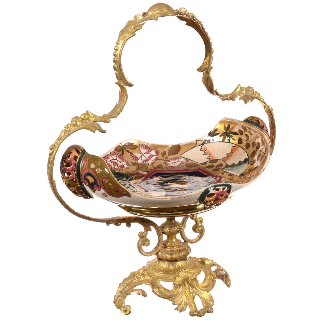 Unmarked Zsolnay Centerpiece Basket: 13.5" X 11.5" Unmarked Zsolnay Centerpiece Basket - Highly Decorated Bowl with Bird and Floral Design - Mounted on Ornate Gilt Metal Basket Frame