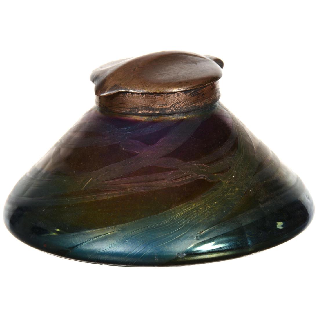 Unmarked Loetz Style Art Glass Inkwell: 2.5" X 4.25" Unmarked Loetz Style Art Glass Inkwell - Black Amethyst with Green and Purple Iridescence - Round - (2) Minor Small Surface Nick on Base Rim