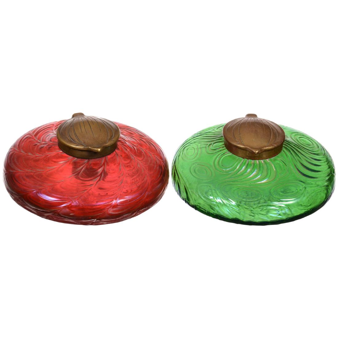 Two Unmarked Loetz Style Art Glass Inkwells (1 of 2)