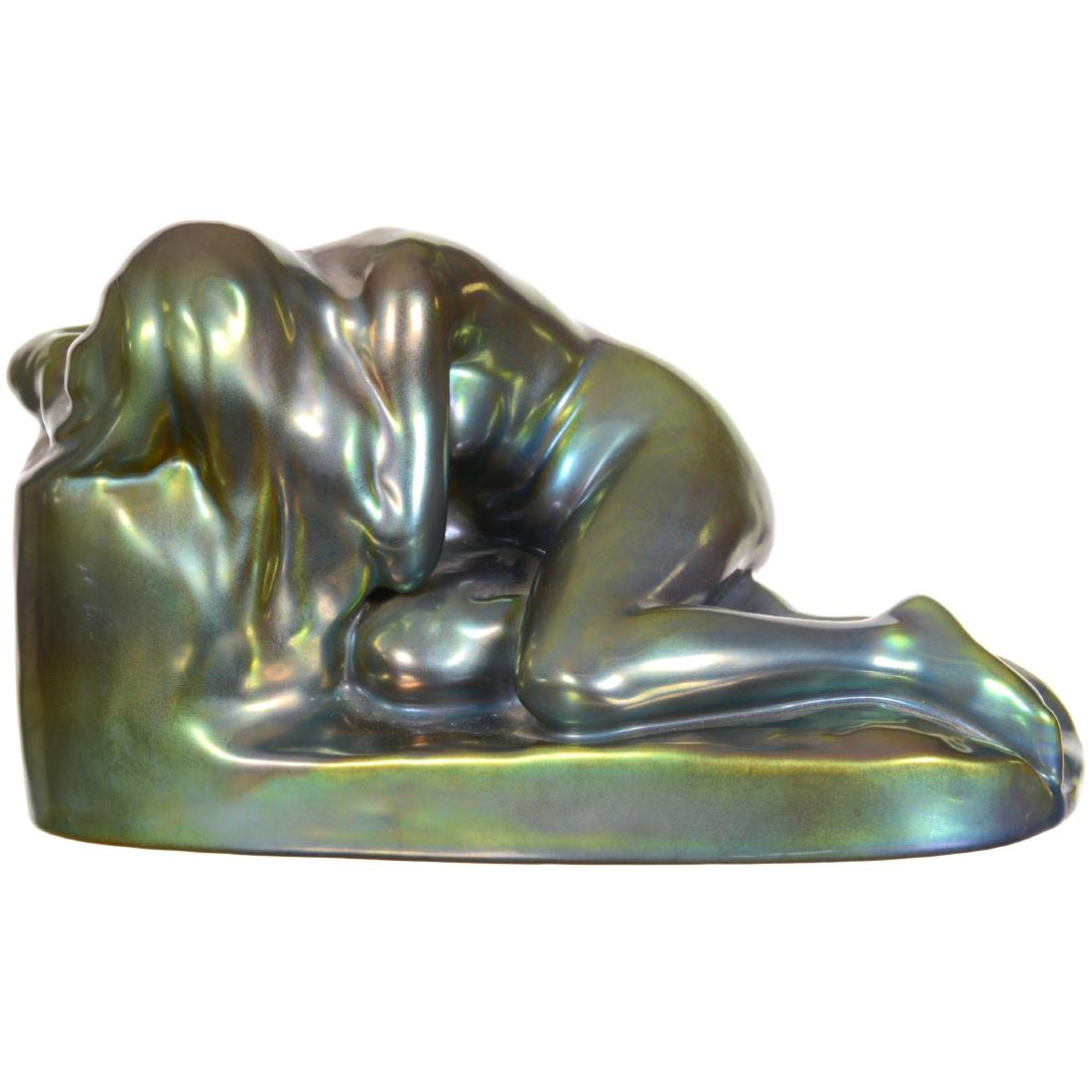 Marked Zsolnay Art Pottery Figure: 1.5" X 9.5" Marked Zsolnay Art Pottery Figure - Green Iridescent Figural Nude