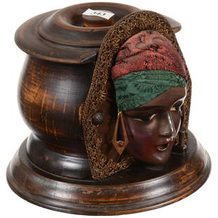 Vintage Figural Cigarette Dispenser: 6.25" X 7.25" Vintage Figural Cigarette Dispenser - Wooden Container with Woman's Face Wearing Turban - When Activated, Cigarette Comes Out of Woman's Mouth -This was a popular smoking novelties in th