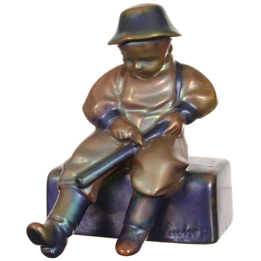 Marked Zsolnay Figure: 6" X 4.5" Marked Zsolnay Figure - Iridescent Boy Sitting on Block While Carving Stick - Small Old Base Chip