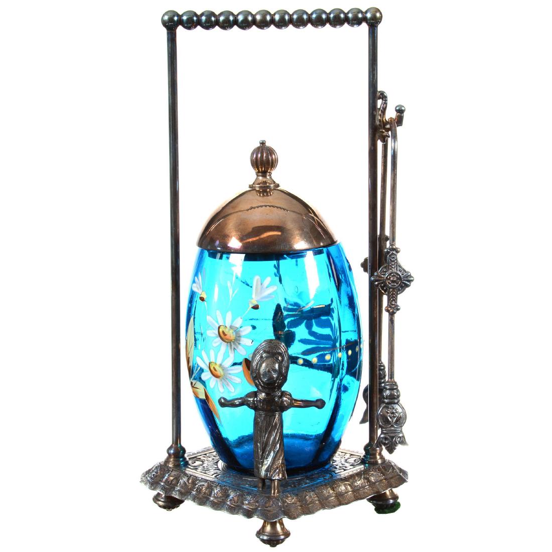 Pickle Castor: 9.75" Pickle Castor - Blue Art Glass Egg Shaped Insert with Enamel Daisy Dï¿½cor - Set on Tufts #3397 Silverplate Kate Greenaway Frame