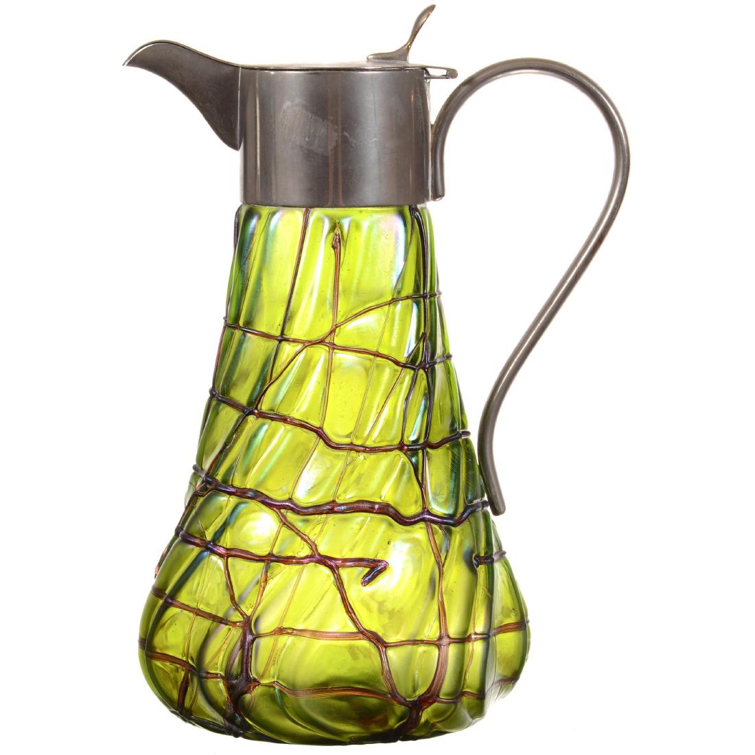 Loetz Style Pitcher: 9.75" Loetz Style Pitcher - Green Iridescent Body with Threaded Highlights - Silverplate Spout and Handle