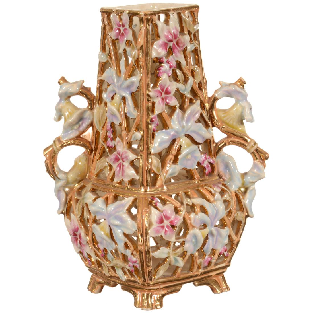 Marked Zsolnay Square Art Pottery Reticulated Vase (1 of 2)